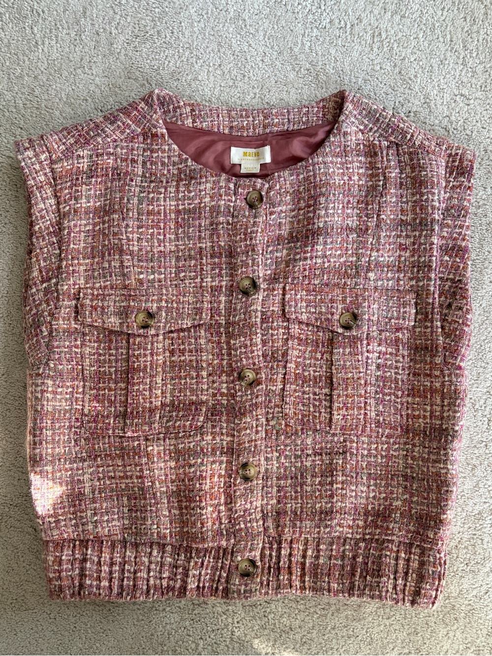 Maeve Anthropologie Pink Burgundy Tweed Utility Vest M